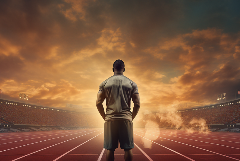 An image portraying and african american man at the starting line, ready to embark on a 12-Week Challenge